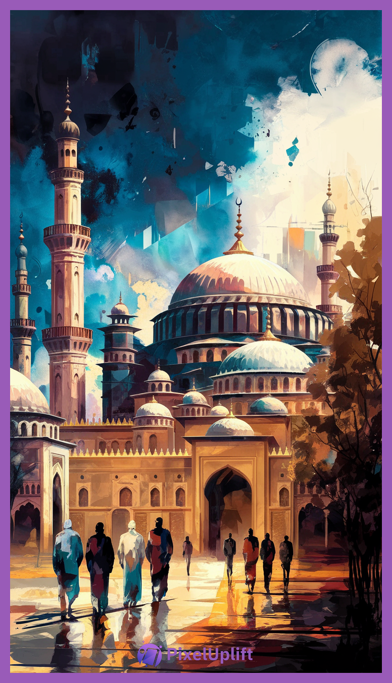 Stylized illustration of Islamic architecture featuring domes, minarets, and people walking, perfect for phone wallpaper lockscreen