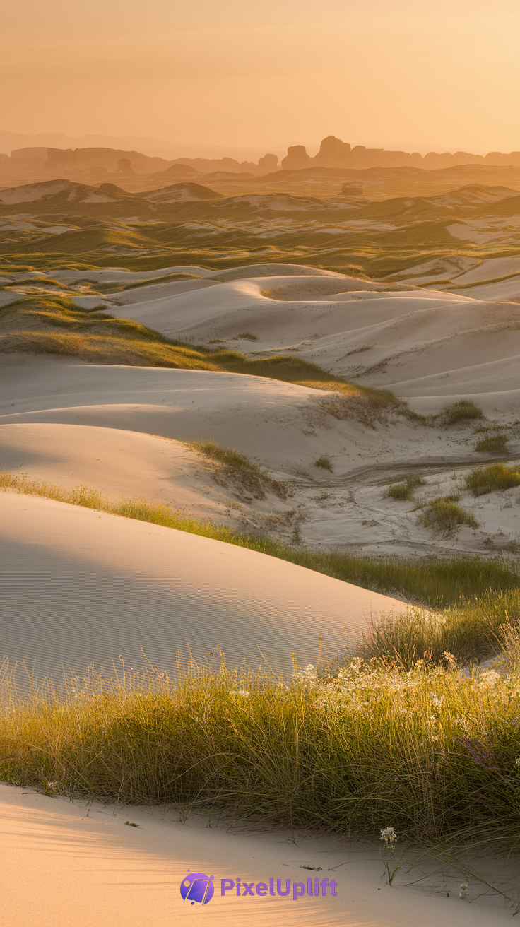 Sand dunes landscape with golden light during sunrise or sunset, featuring green grasses and distant rock formations