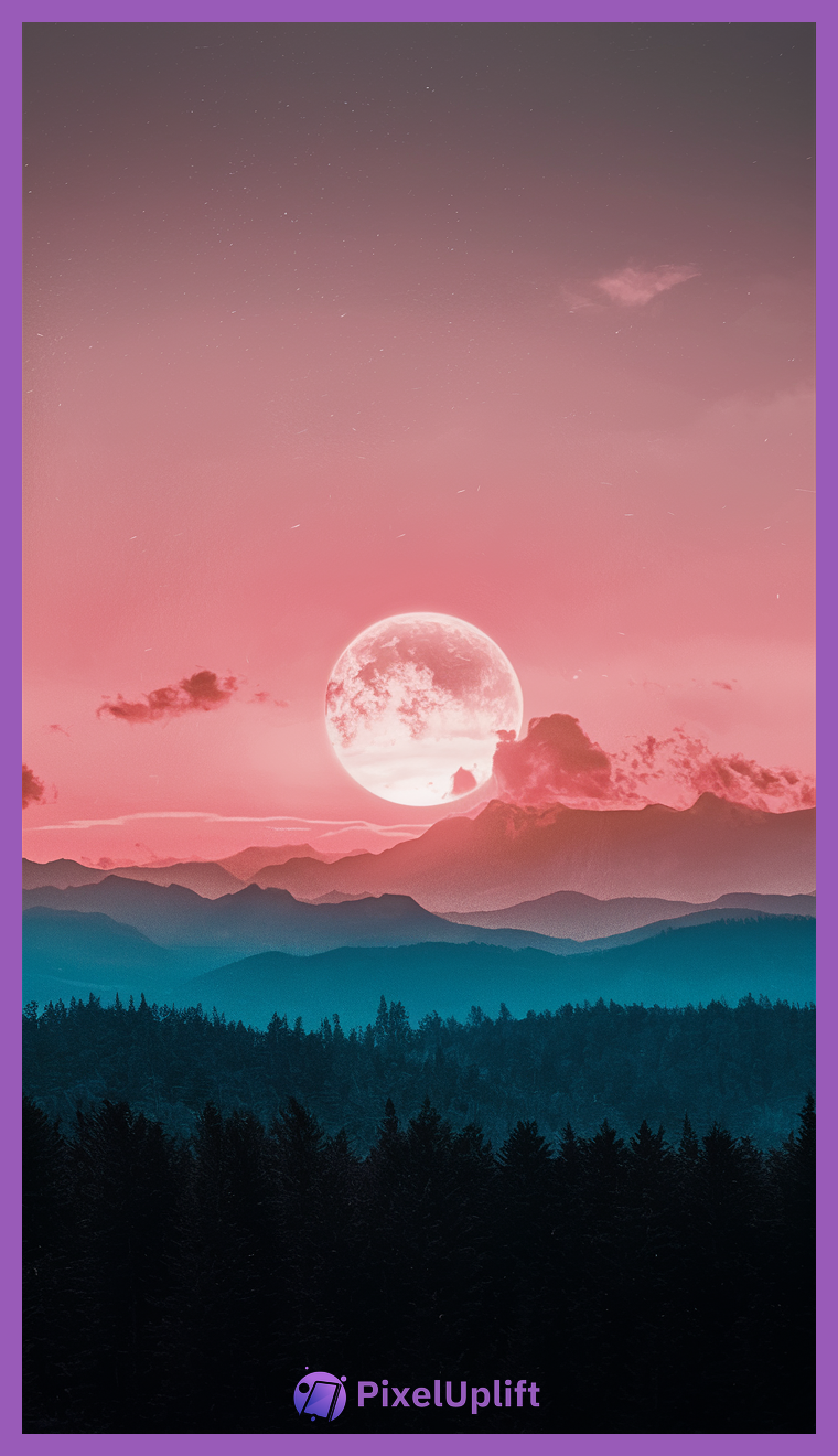 Full moon rising behind layered mountains with pink and purple sky and dense dark forest silhouette