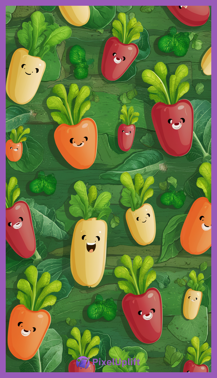 Cheerful cartoon root vegetables with happy faces on a green leafy background phone wallpaper