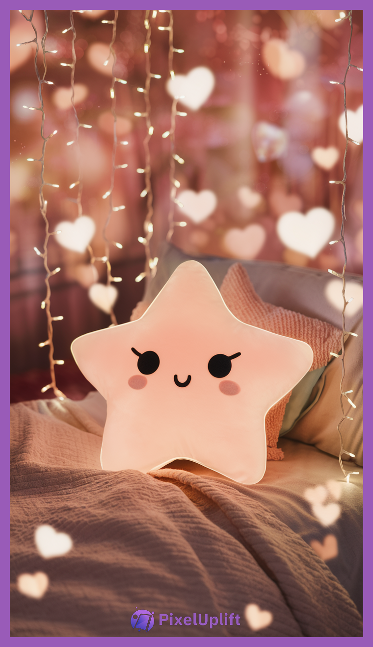 Cozy bedroom phone wallpaper lockscreen with warm ambient lighting, plush star-shaped smiling pillow, soft pink and beige blankets, and white fairy lights