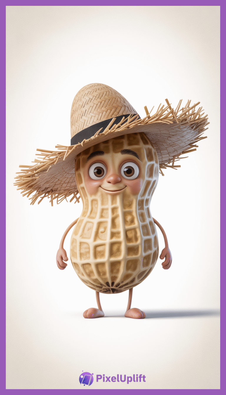 Cute anthropomorphic peanut character with a smiling face wearing a wide-brimmed straw hat on a light-colored background phone wallpaper lockscreen