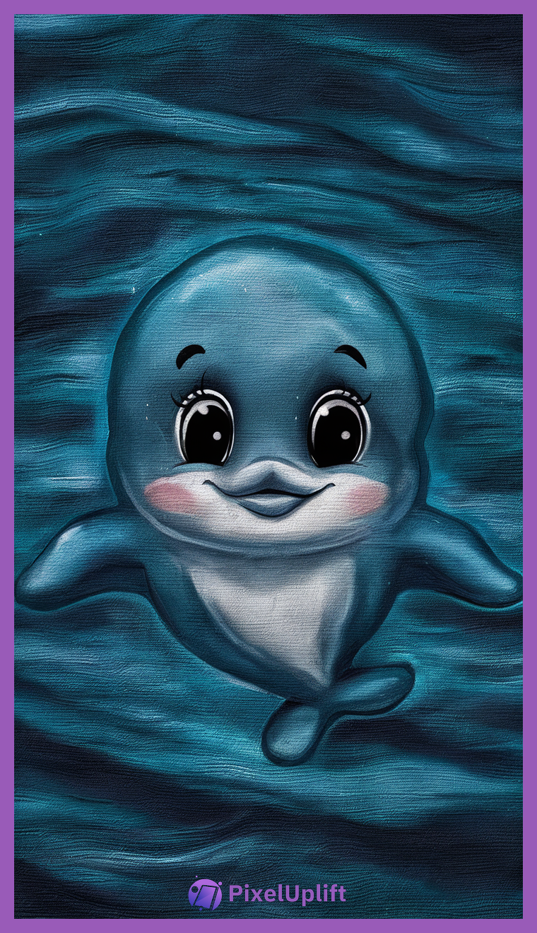 Cartoon-style cute baby dolphin swimming underwater with large expressive eyes and rosy cheeks on a blue ocean background