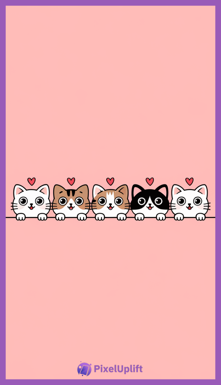 Cute cartoon illustration of five cats peeking over a horizontal line with big eyes and small smiles on a light pink background