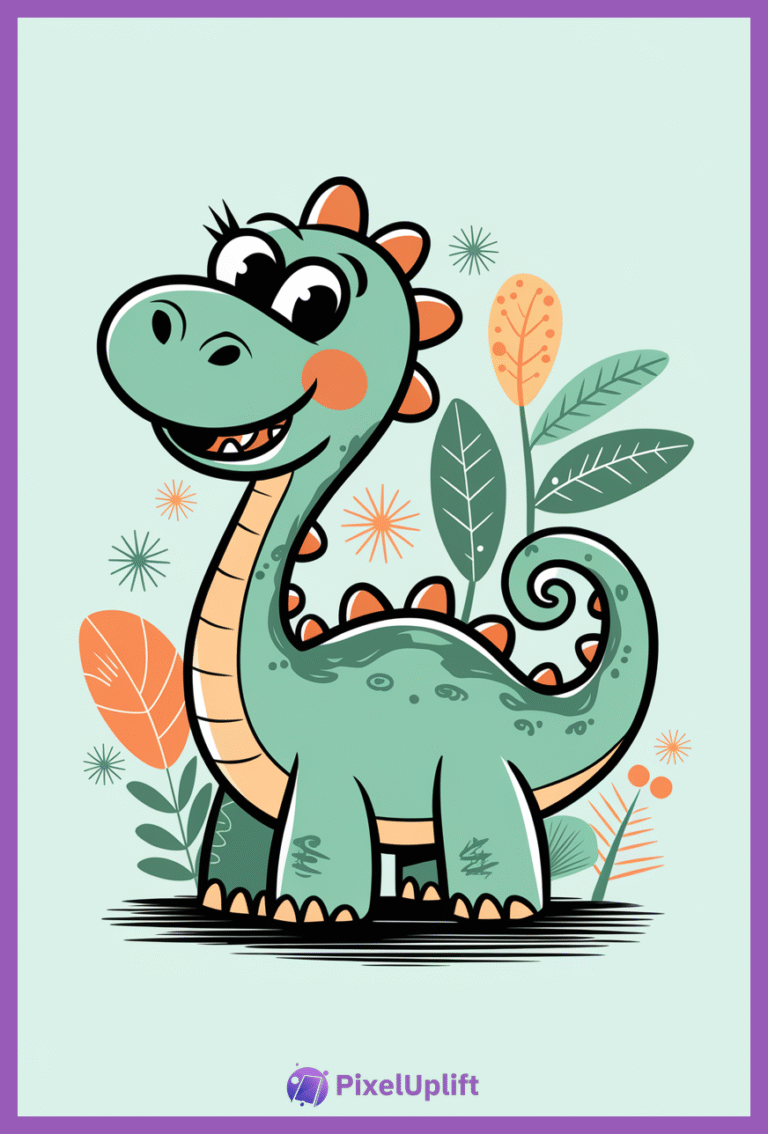 Cute cartoon-style dinosaur with light green body and orange accents on a light blue background with stylized leaves and floral elements
