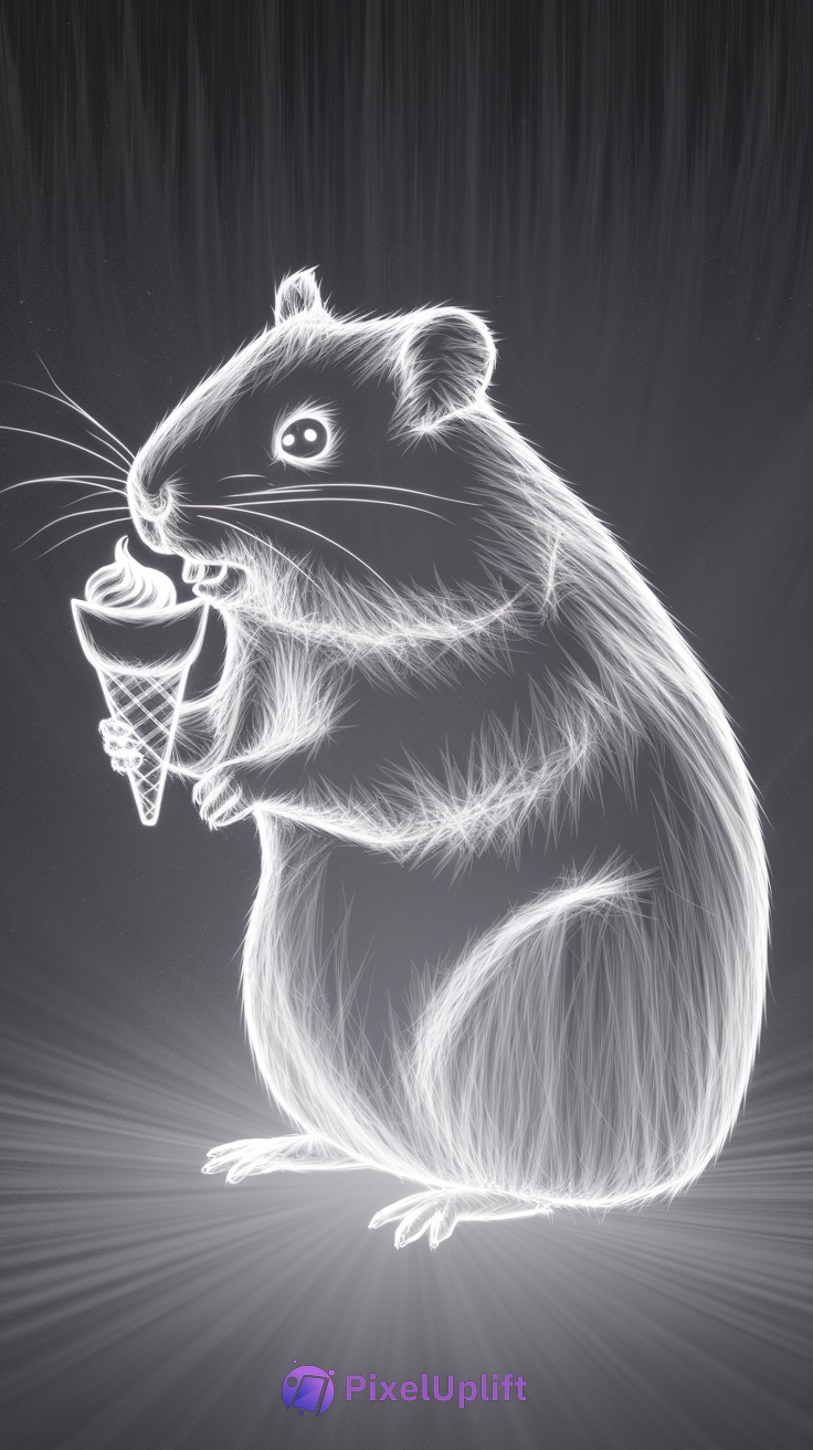 Glowing white line art of a cute guinea pig standing on hind legs licking an ice cream cone on a dark background