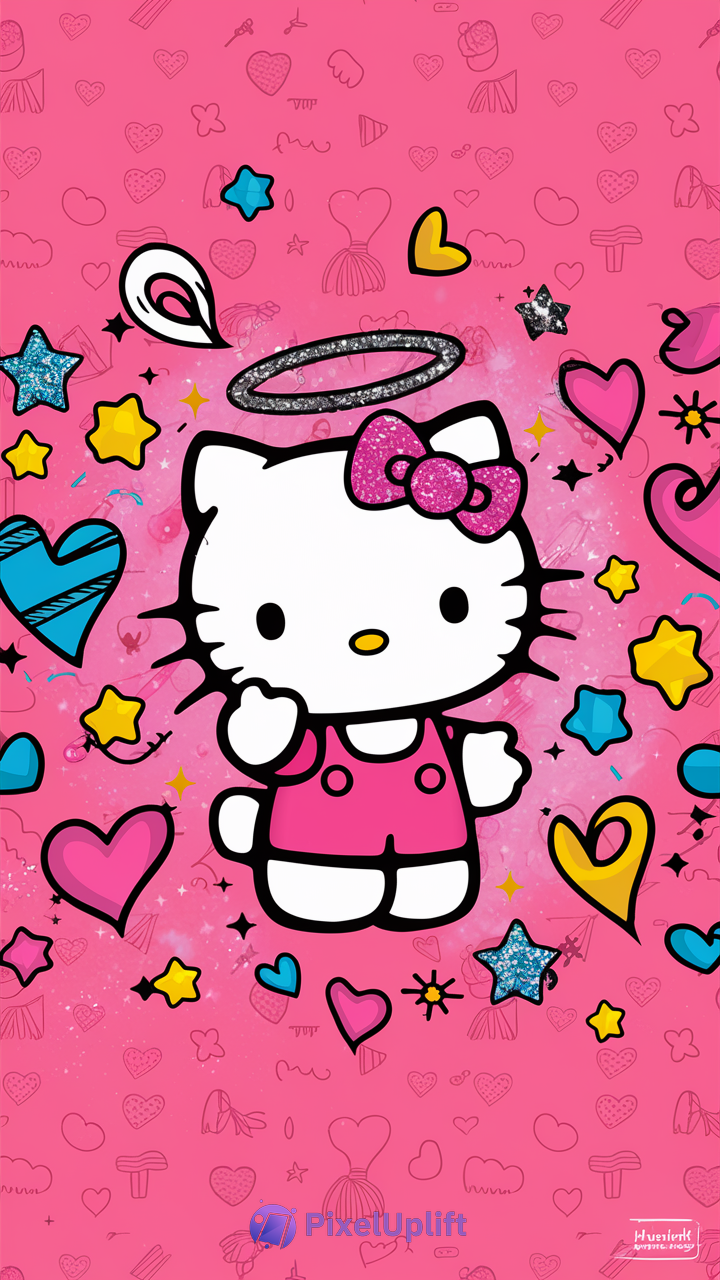 Cute Hello Kitty illustration with pink outfit, sparkly pink bow, and silver halo on vibrant pink background with hearts and stars phone wallpaper lockscreen