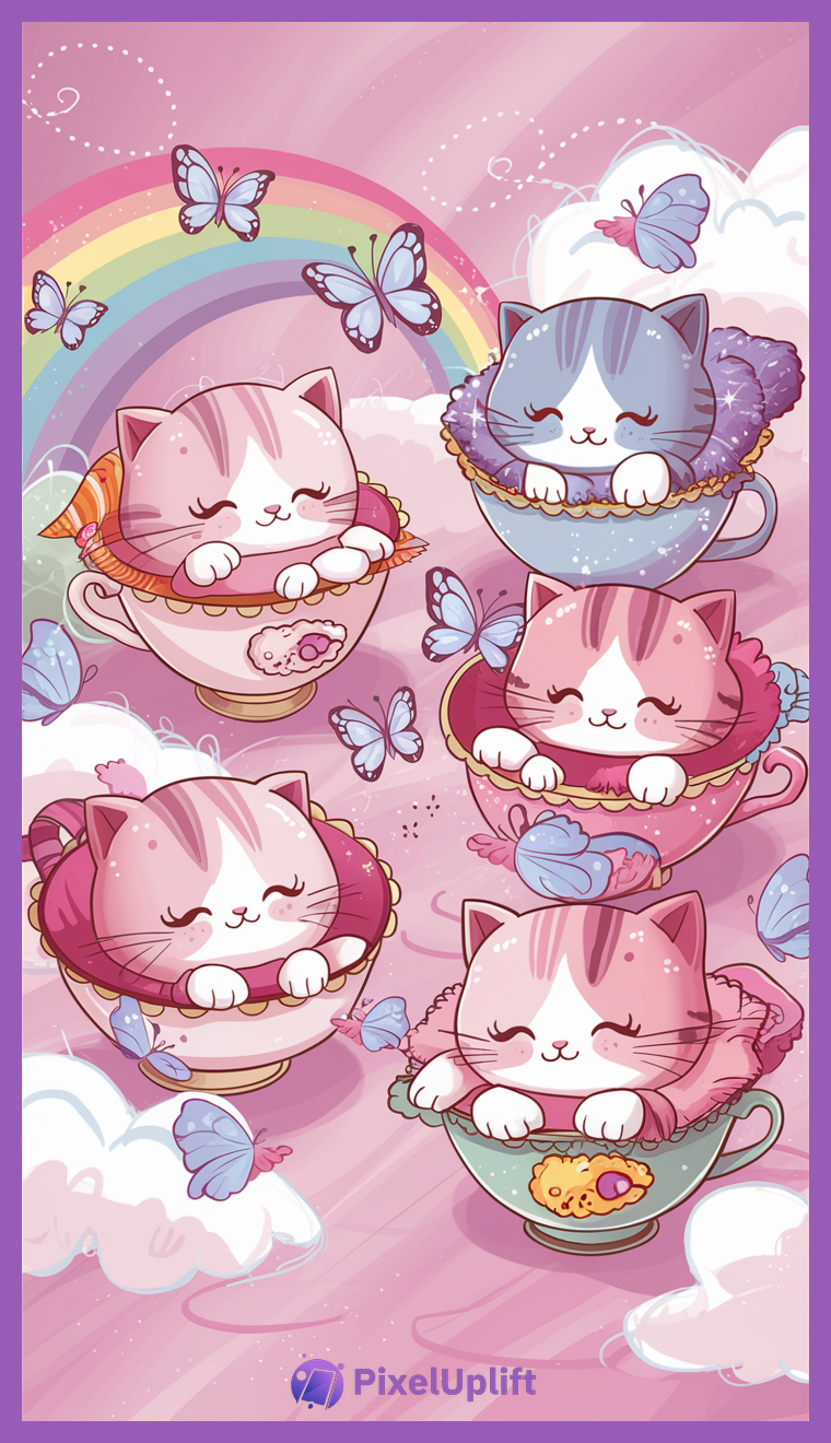 Whimsical pastel-colored phone wallpaper featuring five adorable cartoon kittens in decorated teacups with butterflies and a rainbow background