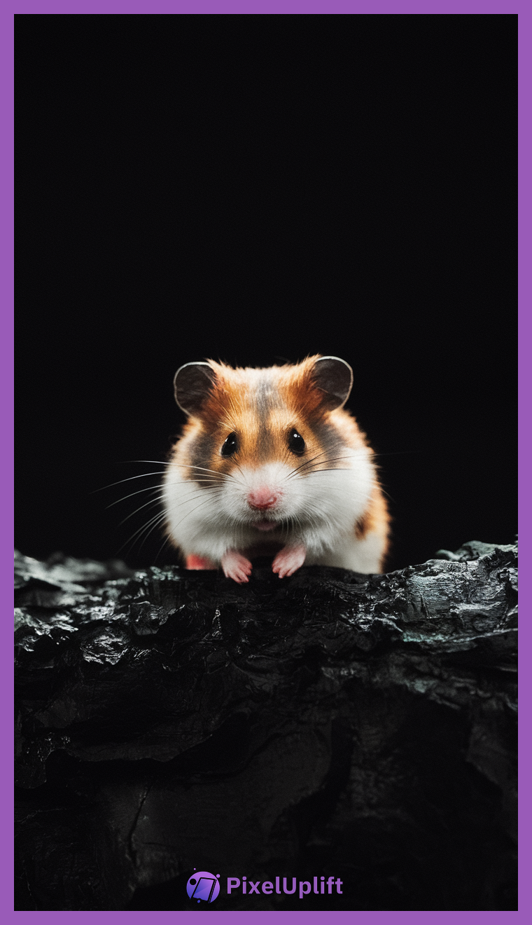 Close-up of a small brown and white hamster with pink paws on dark textured wood background
