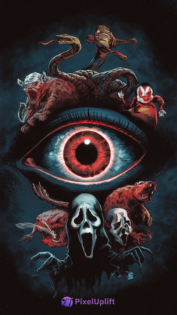 Dark horror-themed phone wallpaper with a large red iris eye surrounded by monstrous figures including a multi-headed serpent, creepy clown, bat-like creature, ghostly masked figures, and snarling animals in shades of red, black, and blue