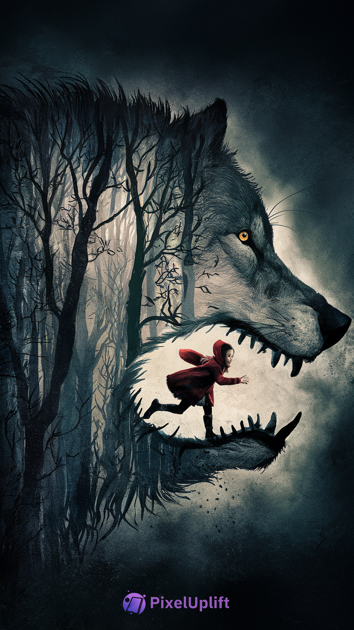 Surreal dark phone wallpaper showing a wolf's head made of barren trees with a girl in a red hood running inside the wolf's mouth
