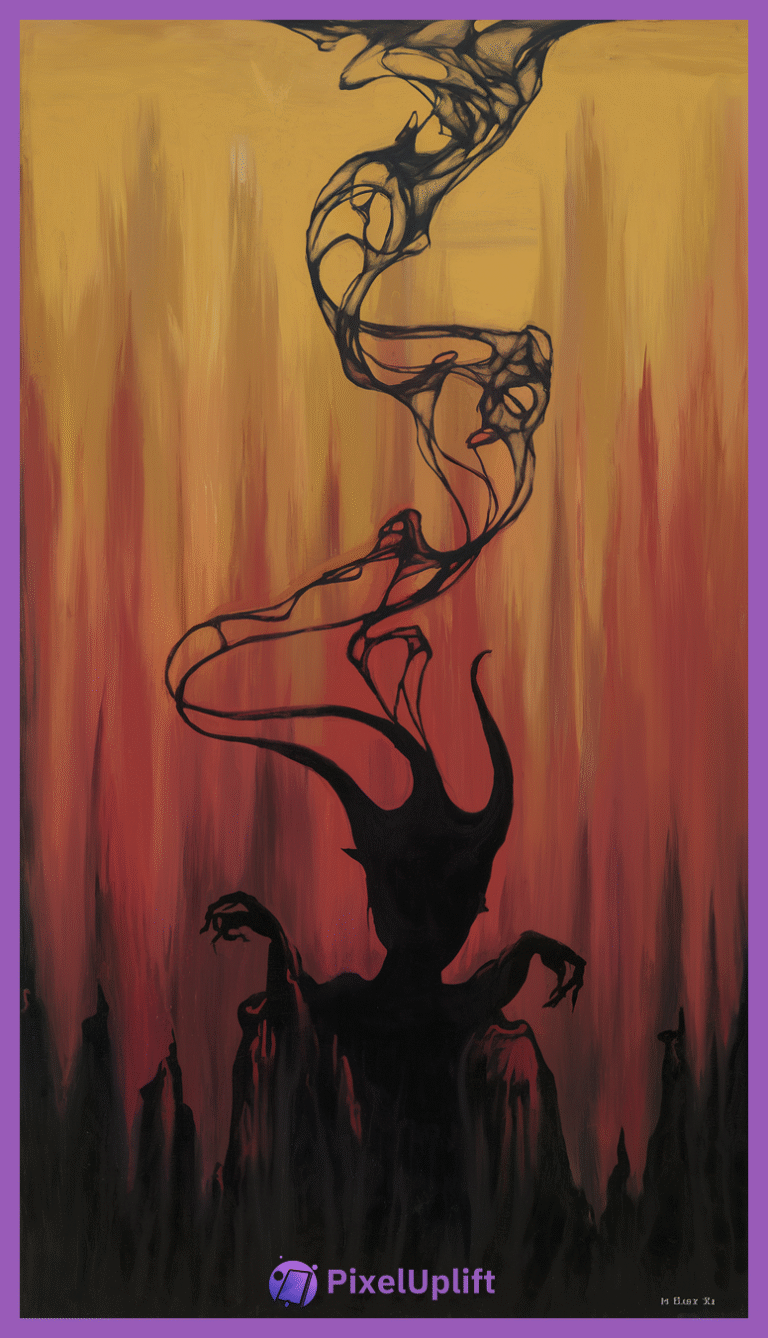 Dark shadowy figure with curved horns and claw-like hands against fiery gradient background
