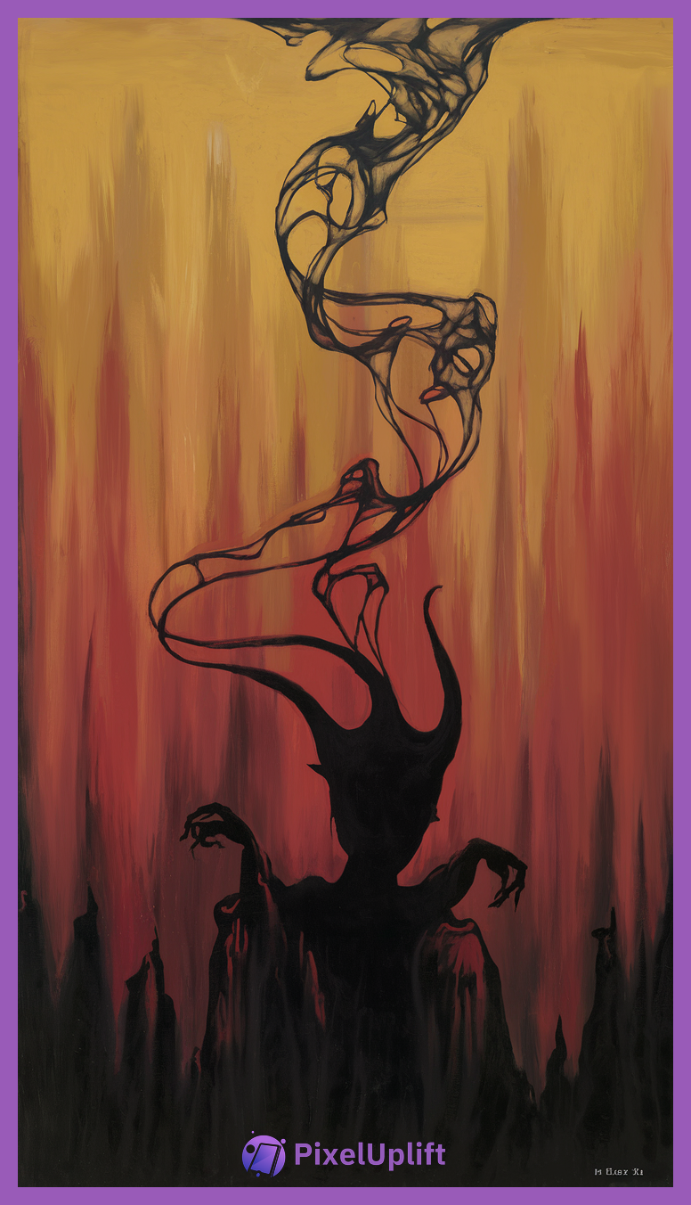Dark shadowy figure with curved horns and claw-like hands against fiery gradient background