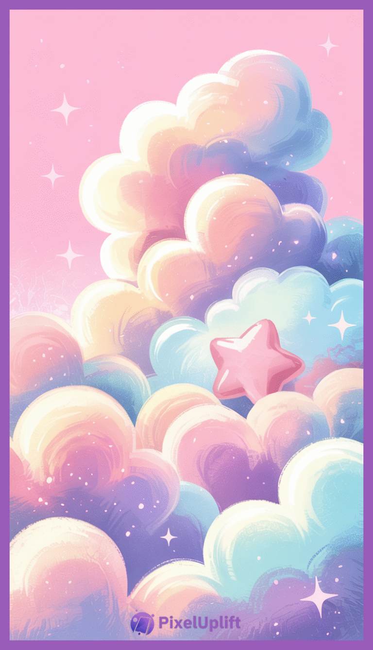 Dreamy pastel-colored phone wallpaper lockscreen featuring fluffy pink, purple, blue, and cream clouds with a pink star on a gentle pink gradient background with sparkling stars