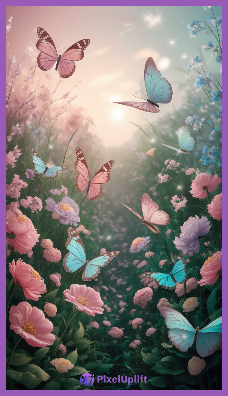 Dreamy pastel-colored garden with pink, purple, and white flowers and blue and pink butterflies flying among them