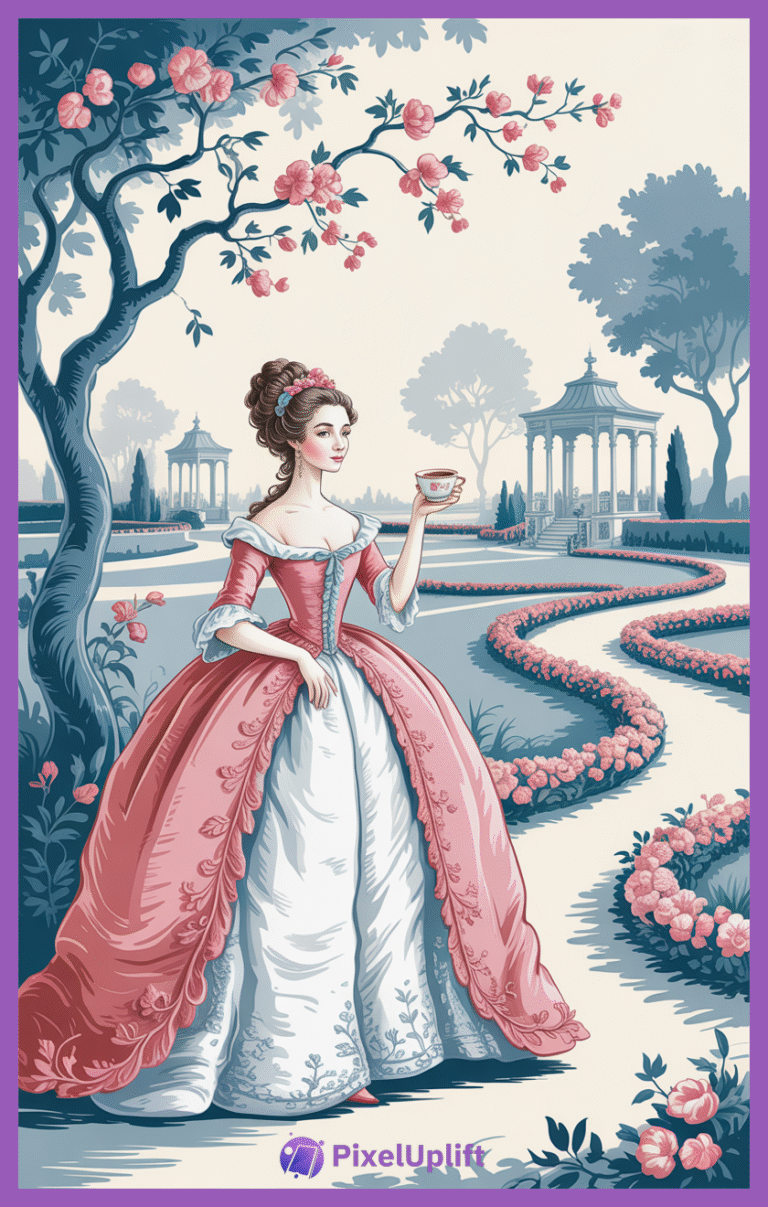 Woman in elegant 18th-century Rococo pink and white floral gown holding a teacup in a manicured garden with pink flowers and classical gazebos