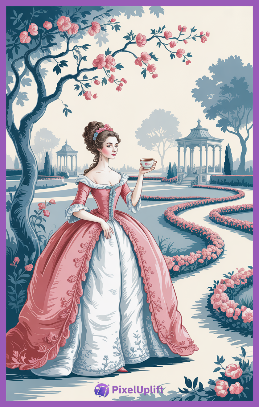 Woman in elegant 18th-century Rococo pink and white floral gown holding a teacup in a manicured garden with pink flowers and classical gazebos
