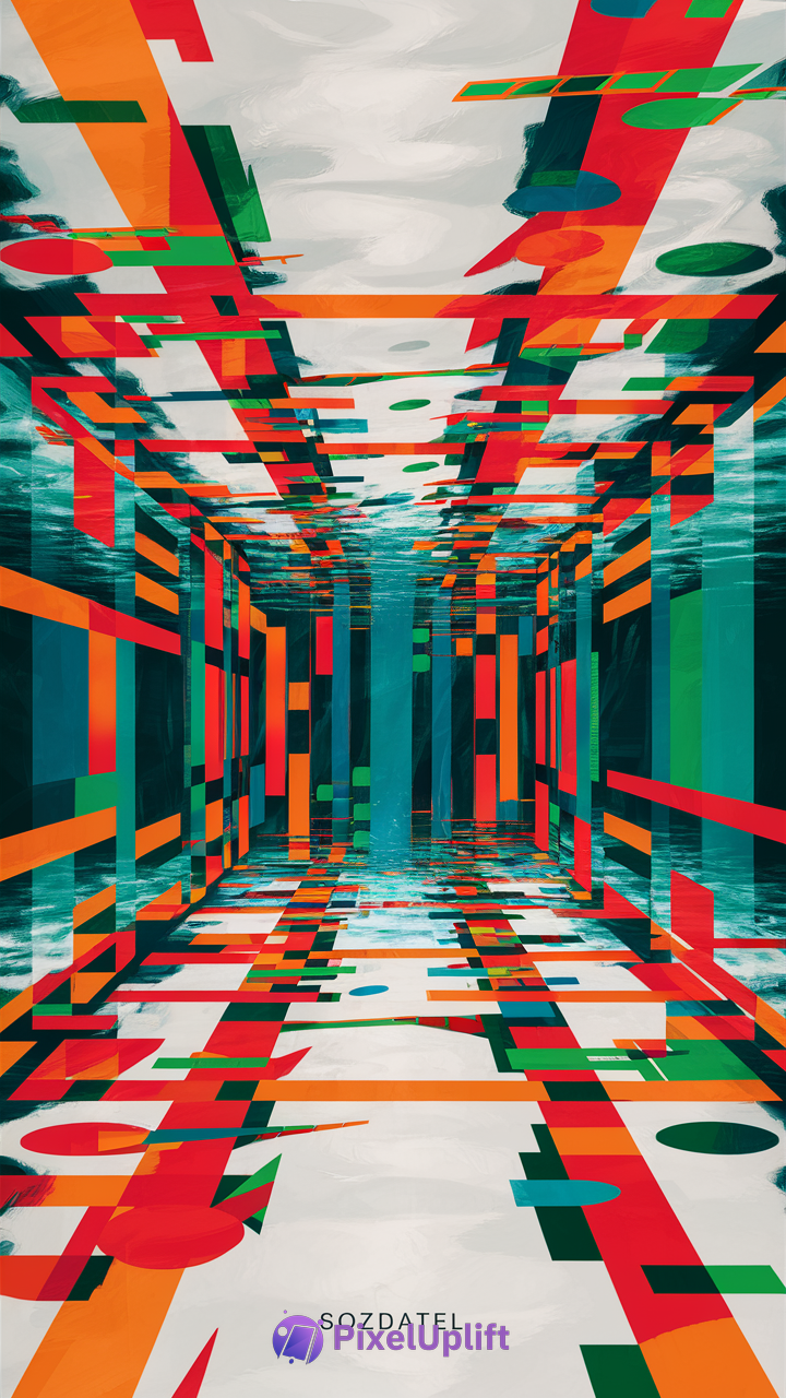 Abstract geometric phone wallpaper showing a colorful three-dimensional tunnel with overlapping rectangles and circular shapes in red, orange, green, and dark blue