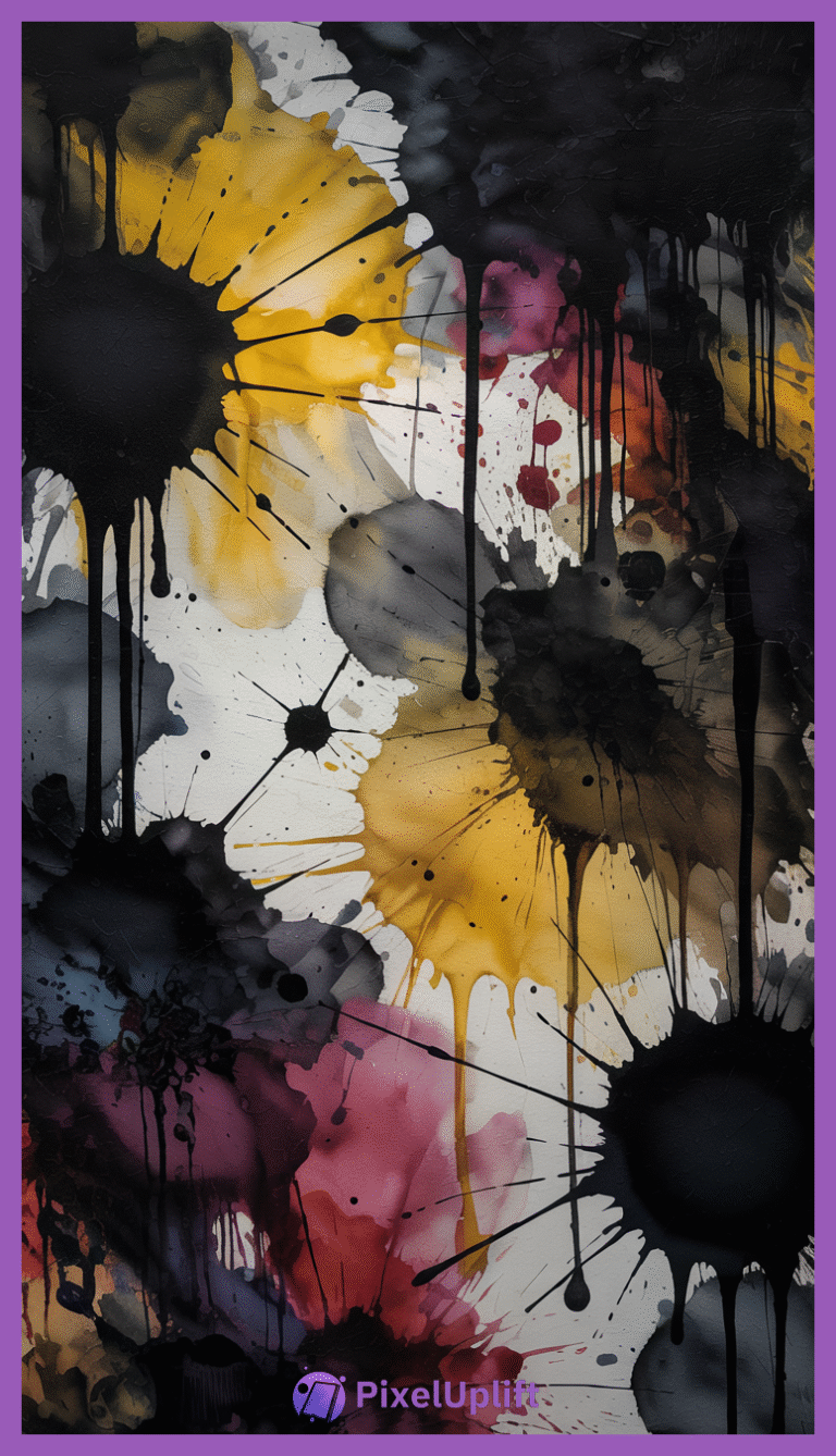 Abstract watercolor phone wallpaper with dynamic splatters and drips in mustard yellow, black, gray, deep red, and purple on white background