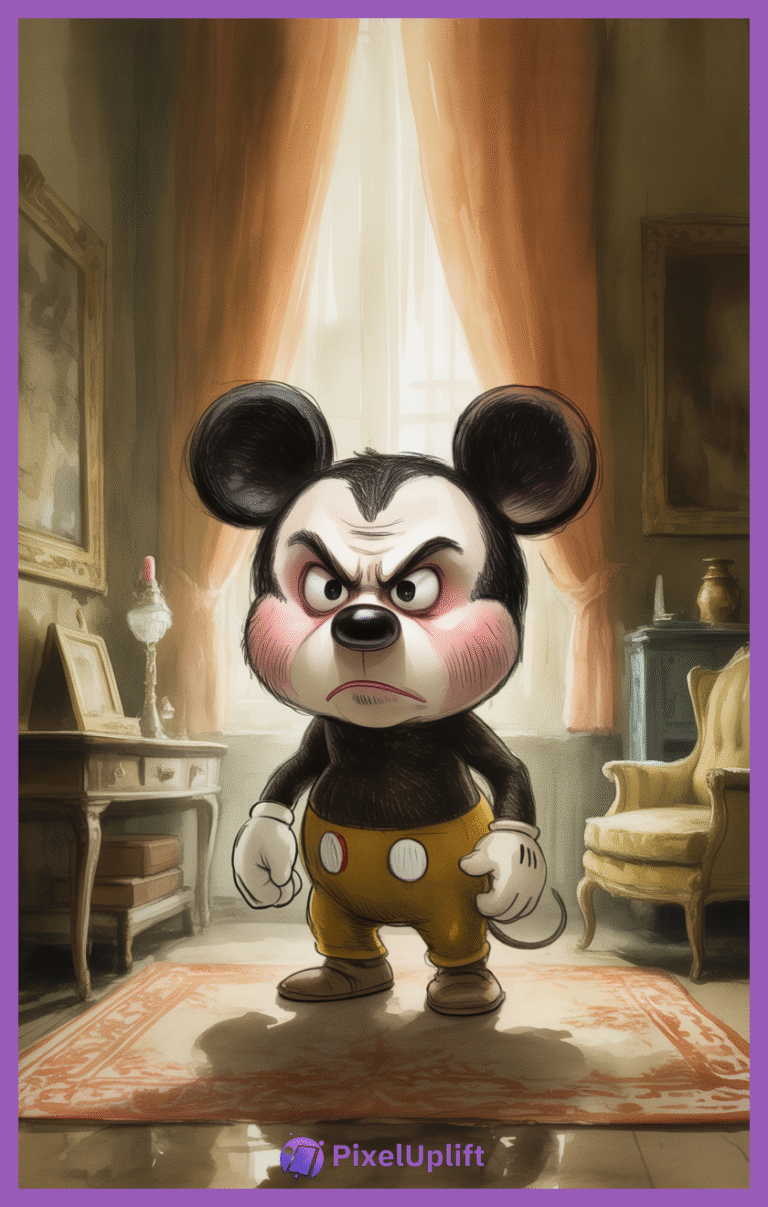 Angry Mickey Mouse inspired character in vintage room with dark dramatic ambiance phone wallpaper lockscreen