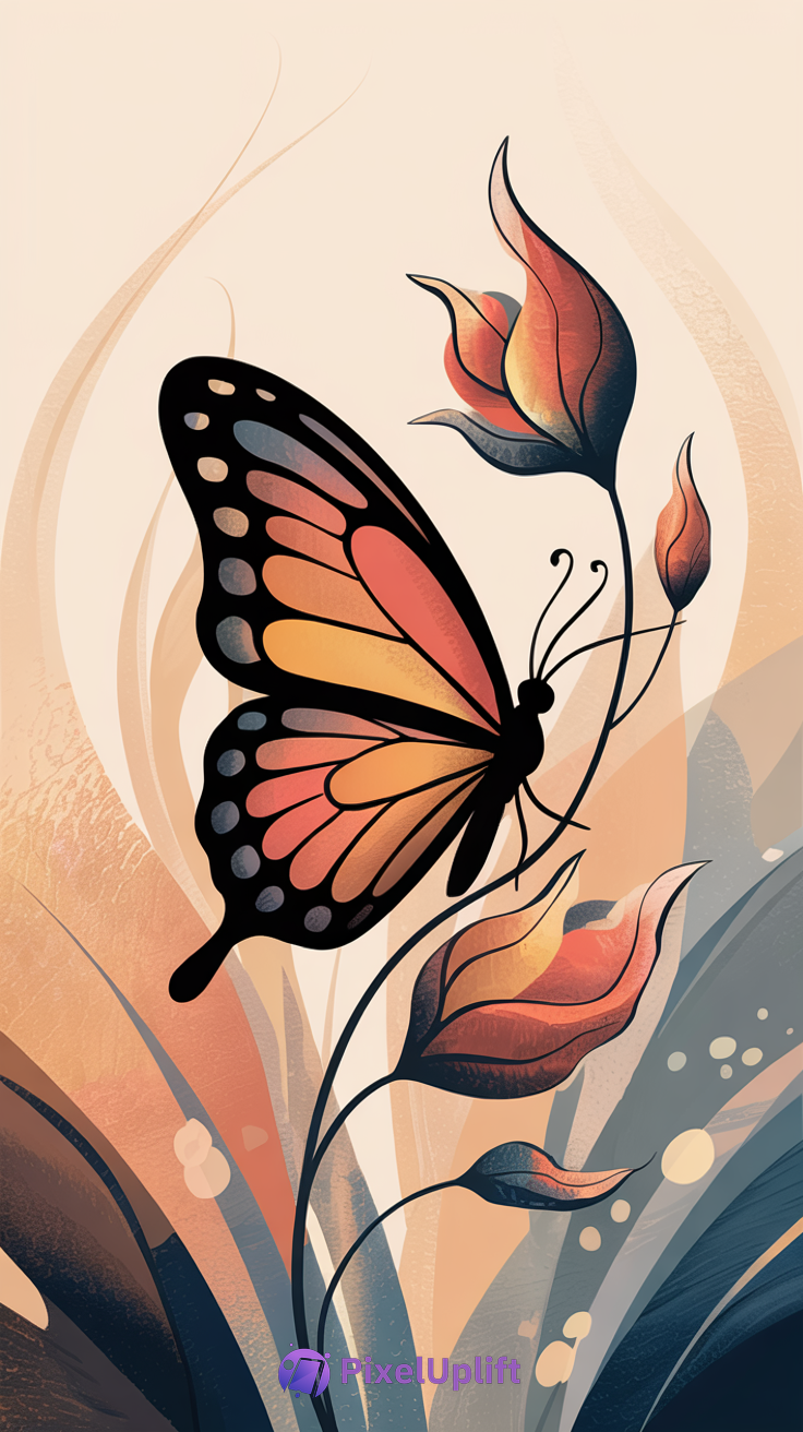 Artistic phone wallpaper with vibrant butterfly and warm-colored flowers on a soft beige and peach background