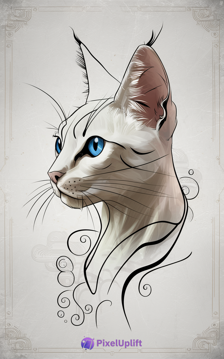 Artistic stylized cat head and neck profile with blue eyes and decorative swirling lines on a textured neutral background phone wallpaper