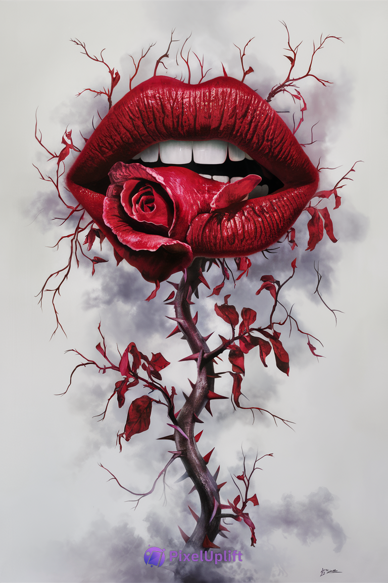 Surreal artistic phone wallpaper showing glossy red lips holding a blooming red rose with dark red leaves and thorny stem on misty grey background