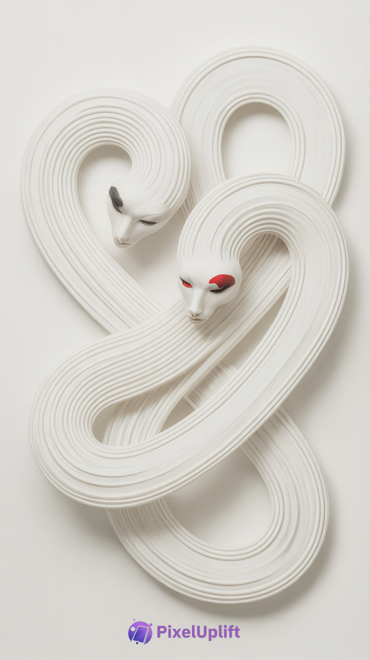 Surreal artistic phone wallpaper showing two intertwined white human-like heads with red and black eye markings on a white background