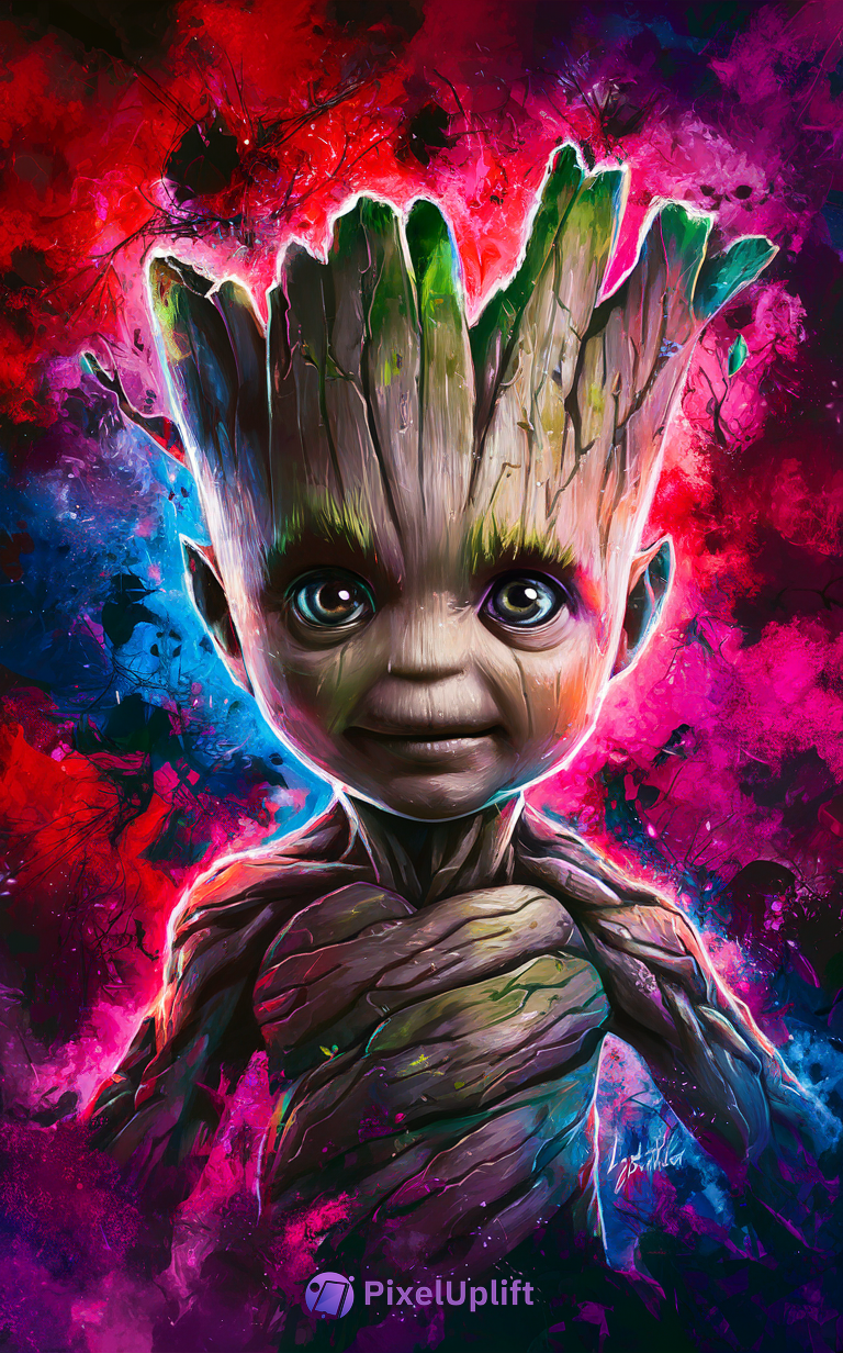 Vibrant artistic digital painting of Baby Groot with wooden texture and colorful abstract background