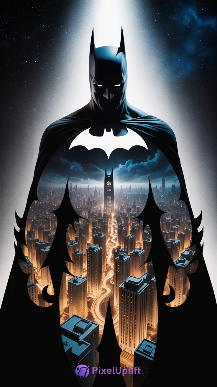 Batman silhouette with Gotham cityscape inside, dark starry night background phone wallpaper