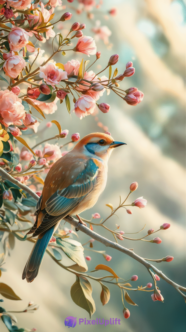 Beautiful detailed bird perched on a branch with pink blossoms phone wallpaper