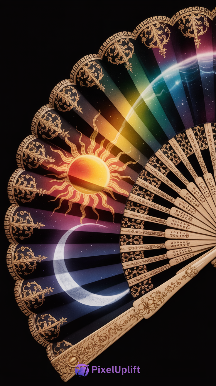 Decorative handheld fan phone wallpaper with celestial sun, crescent moon, stars, and rainbow gradient on a dark blue background