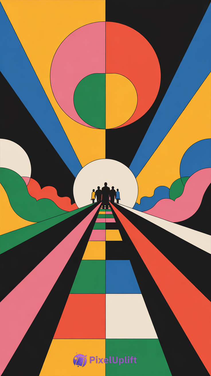 Abstract colorful phone wallpaper with five silhouettes walking toward a large white circular light, vibrant geometric shapes in yellow, black, blue, pink, green, red