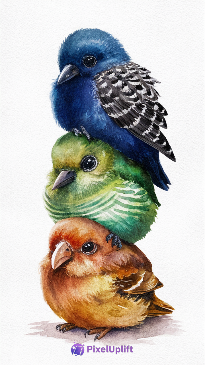 Colorful watercolor illustration of three stacked birds in brownish-orange, green, and deep blue on white background phone wallpaper