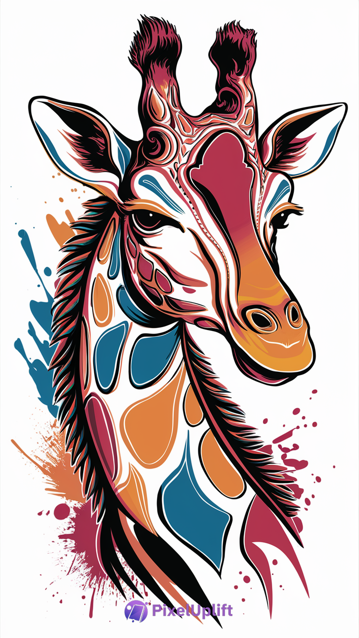 Colorful stylized giraffe head and neck illustration with vibrant orange, blue, purple, and pink colors on a dark background