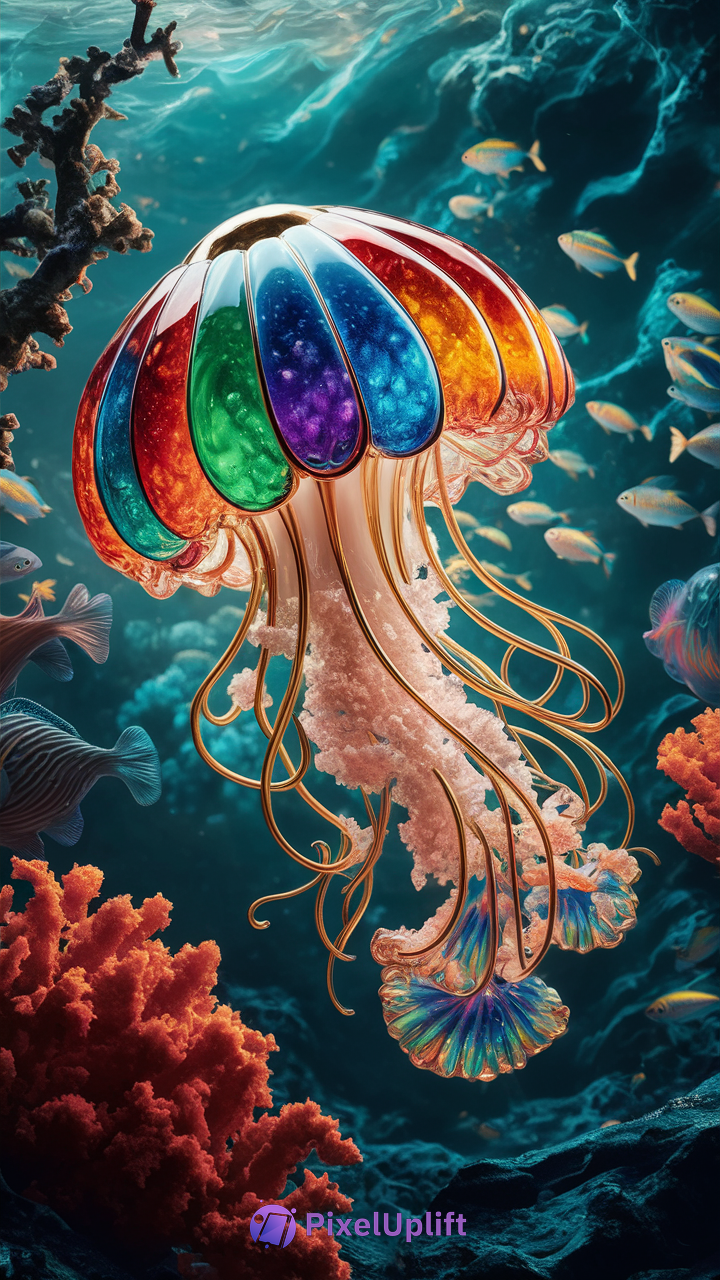 Vibrant colorful jellyfish underwater phone wallpaper with blue ocean, coral, and small fish