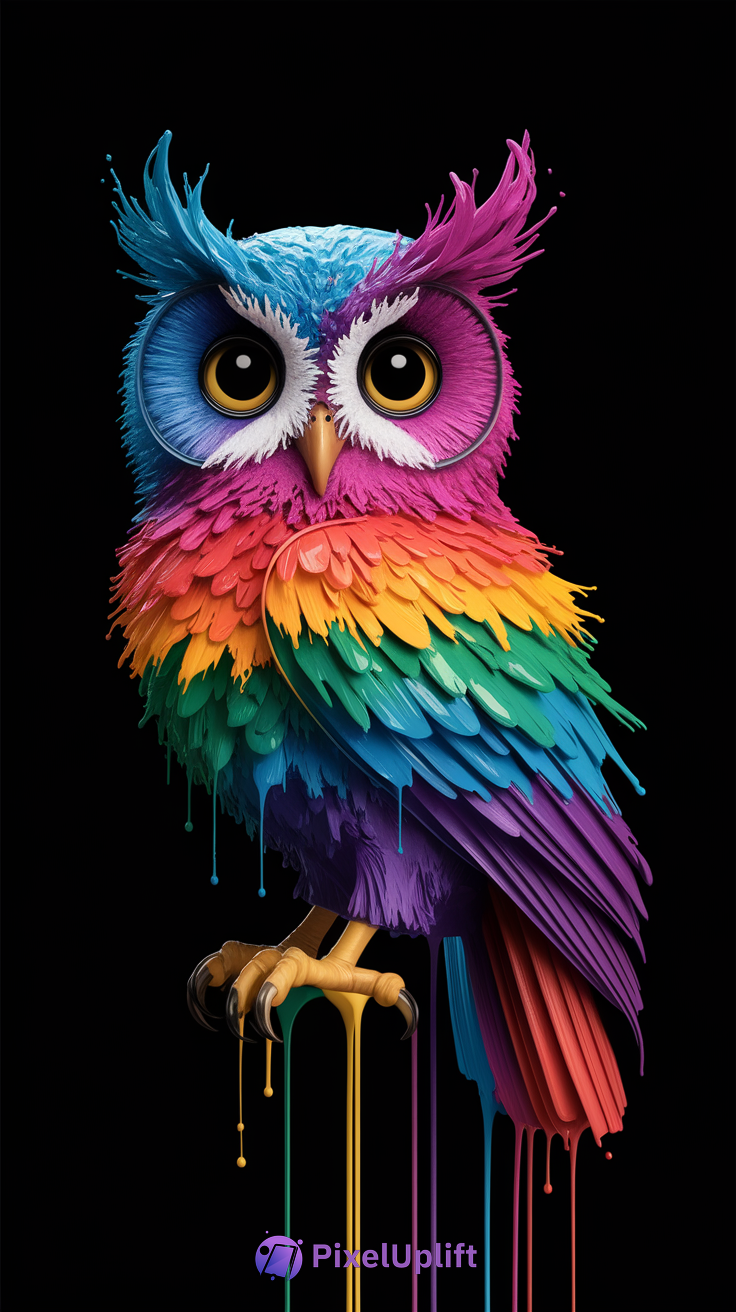 Colorful owl phone wallpaper with rainbow gradient feathers and dripping paint effect on black background