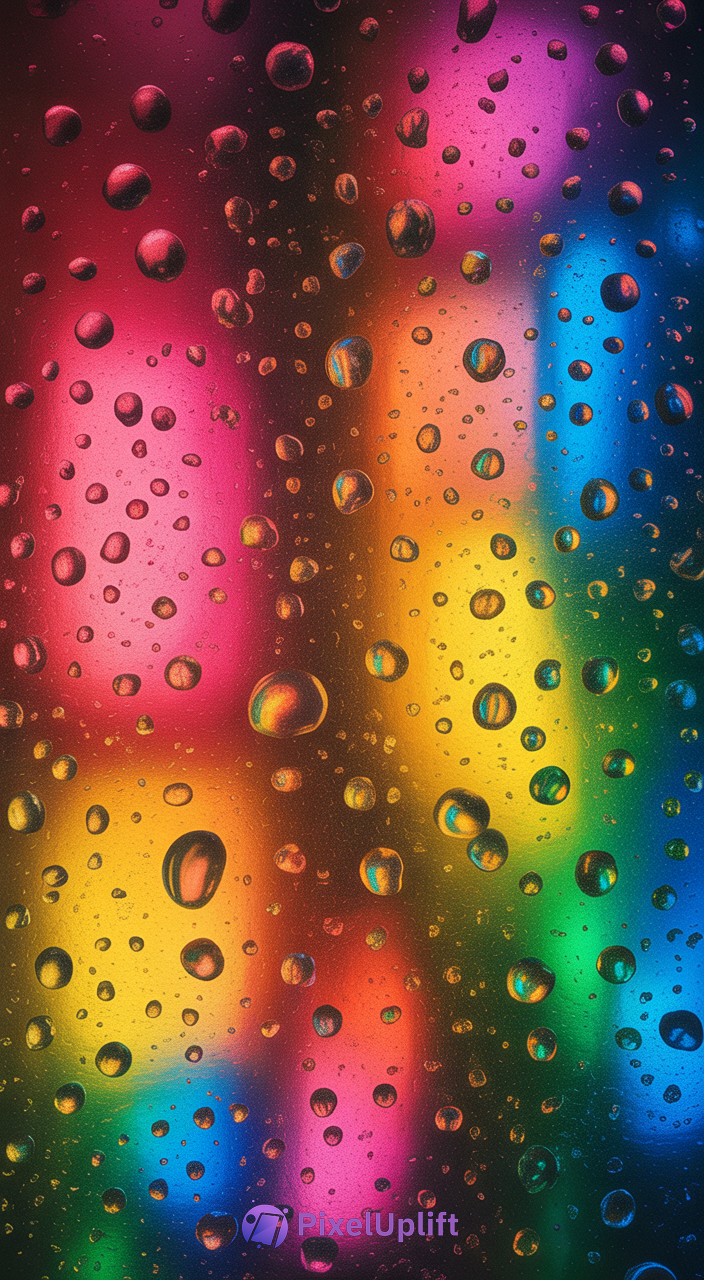 Phone wallpaper with vibrant multicolored water droplets on a transparent surface creating a dynamic and colorful effect
