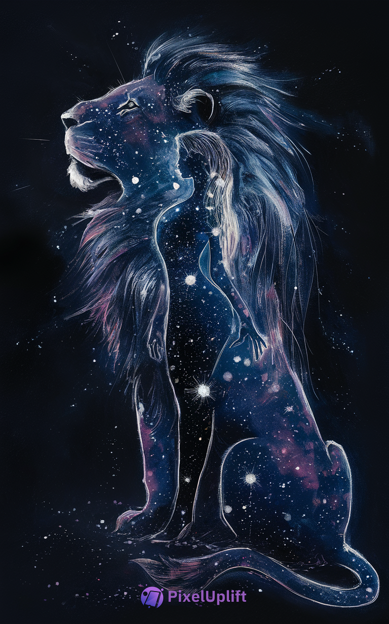 Cosmic lion silhouette with an integrated woman figure filled with starry galaxy pattern on dark blue and purple background phone wallpaper