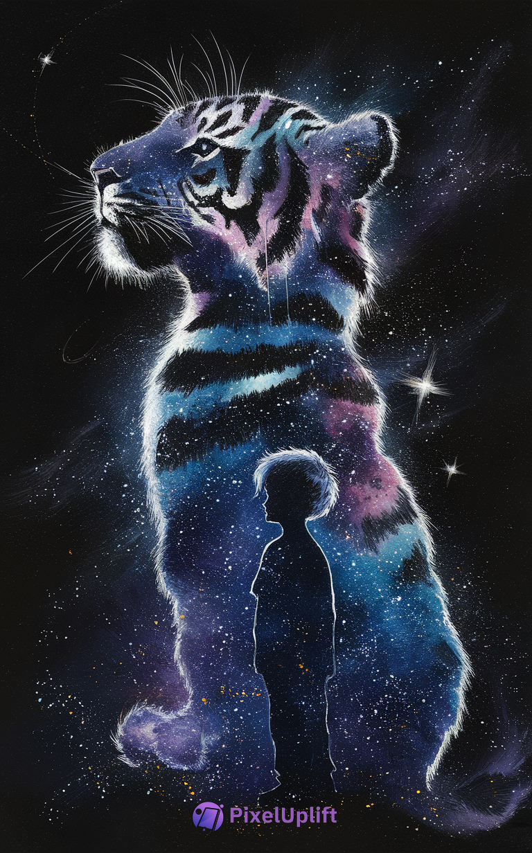 Silhouette of a boy inside a cosmic tiger cub with galaxy stars on a dark phone wallpaper