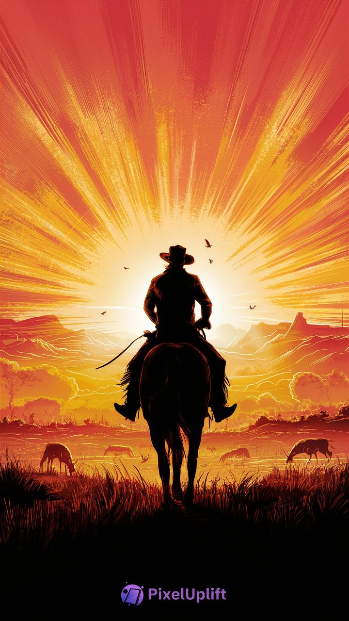 Cowboy silhouette on horseback against a vibrant glowing sunset with orange and yellow sky, grazing deer in grassy field and birds flying