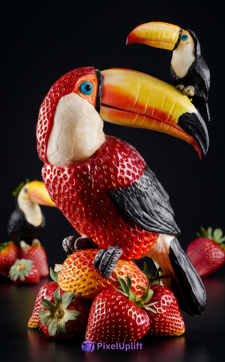 Surreal toucan phone wallpaper with strawberries and vibrant yellow-orange beak on dark background