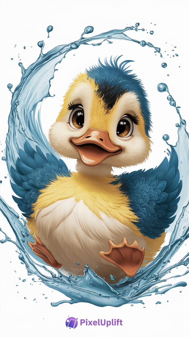 Adorable animated duckling with fluffy yellow and white feathers splashing in water with blue accents