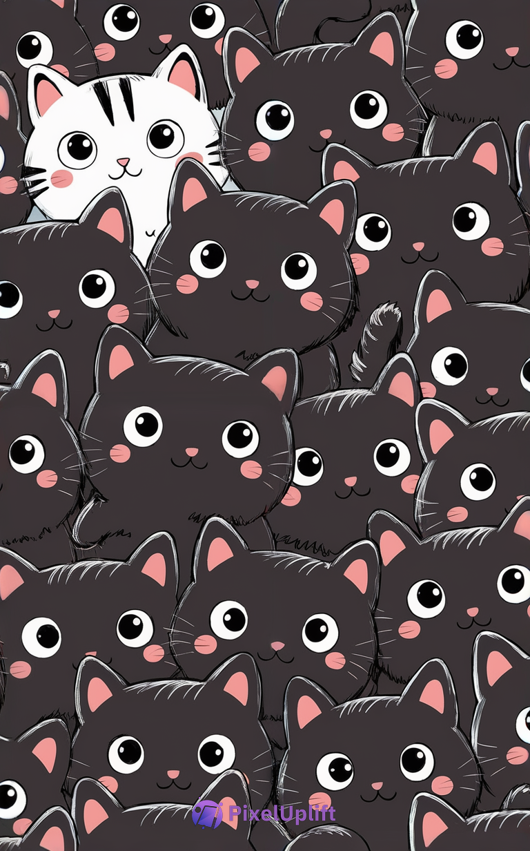 Cute cartoon-style black cats phone wallpaper with one white striped cat among them