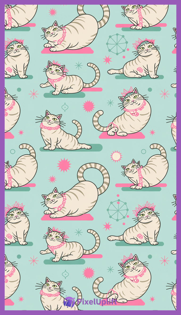 Seamless pattern of cute cartoon light gray tabby cats with pink necklaces and crowns on green and pink oval mats on a light blue background with mid-century starbursts