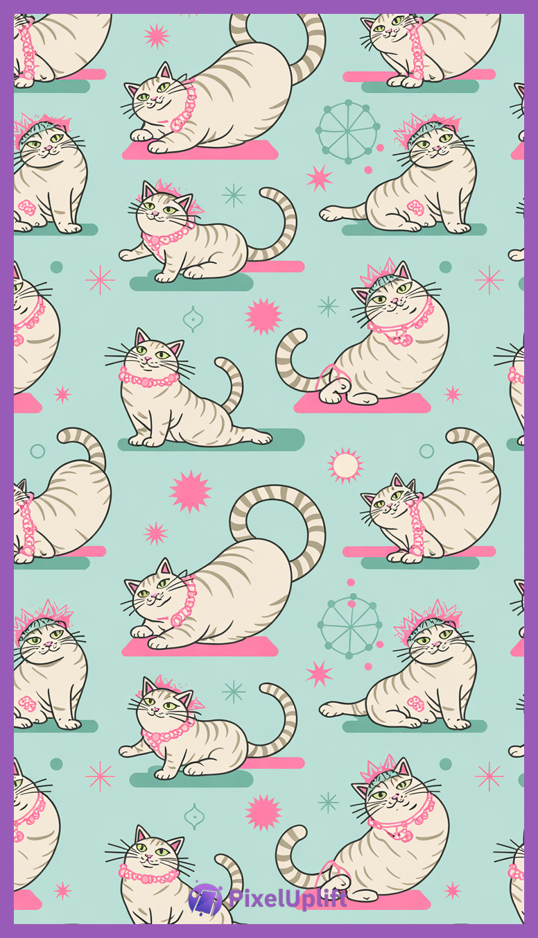 Seamless pattern of cute cartoon light gray tabby cats with pink necklaces and crowns on green and pink oval mats on a light blue background with mid-century starbursts