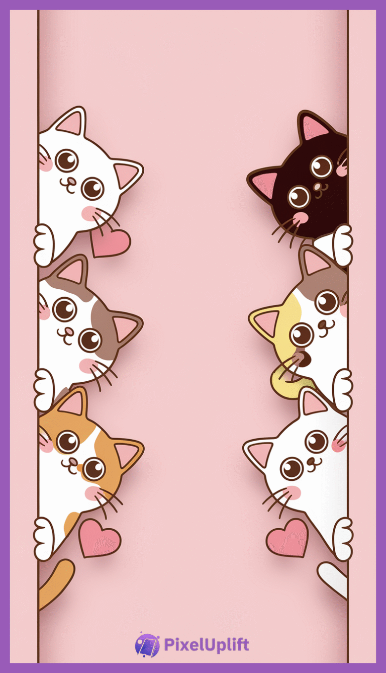 Cute cartoon-style illustration of six cats peeking from the edges on a pink background with warm soft tones and heart accents