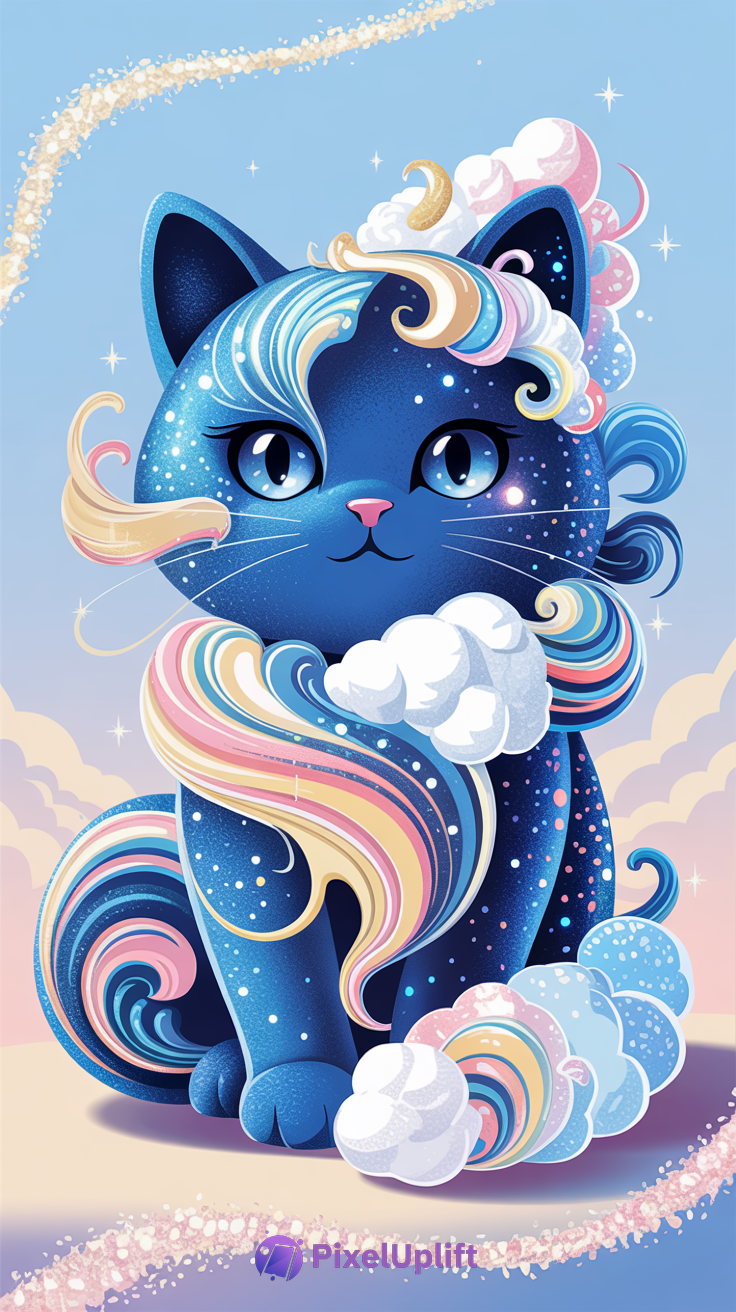 Stylized blue cat with cosmic star patterns and pastel swirls on a soft blue and pink background phone wallpaper