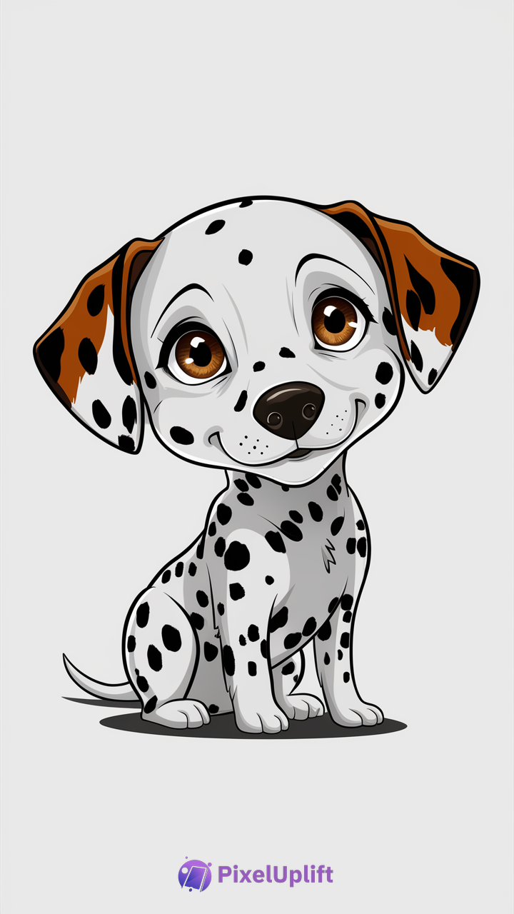Cute cartoon Dalmatian puppy with expressive brown eyes and black spots on white fur sitting on light background