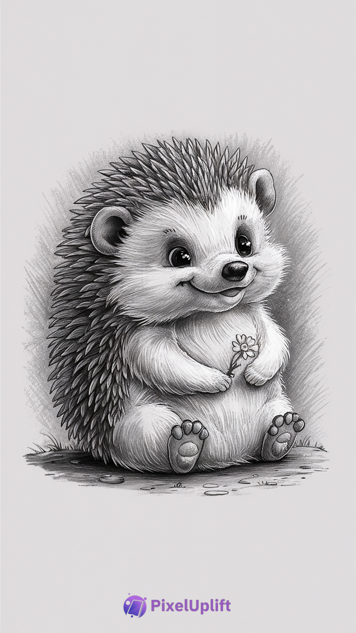 Black and white detailed sketch of a cute hedgehog holding a flower, perfect as a phone wallpaper